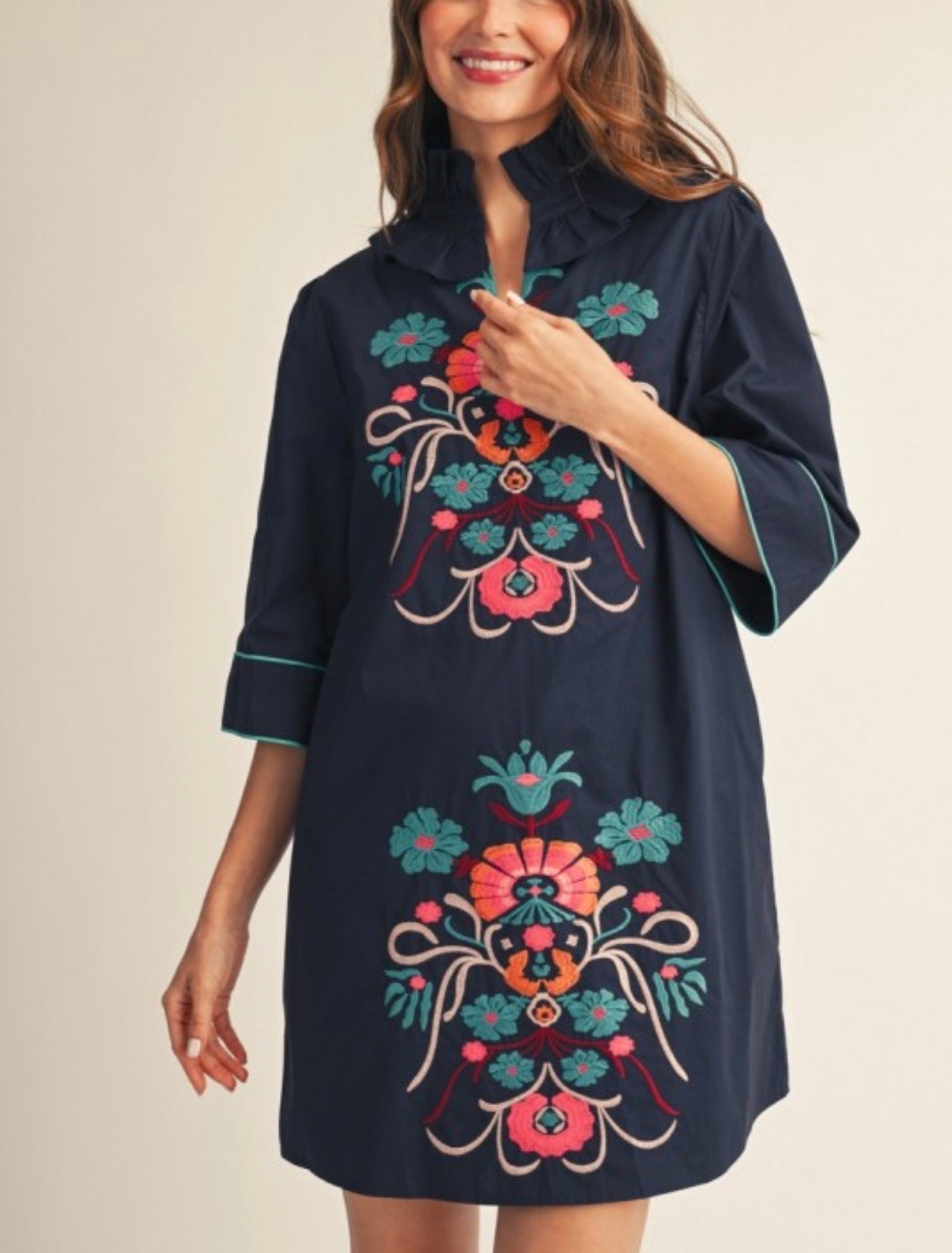 Tania Blue Embroidery Mini Dress
