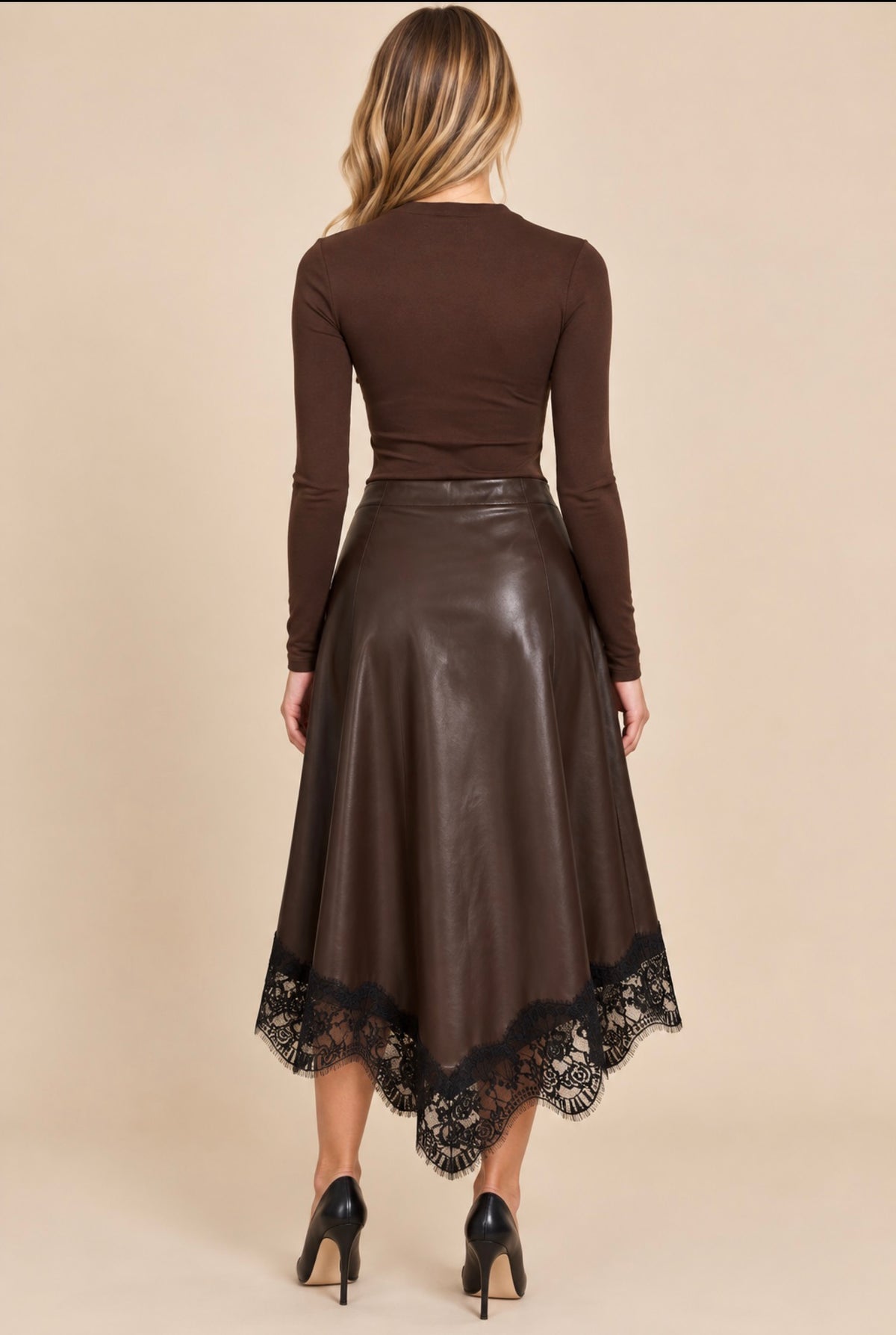 Gaviota Brown Faux Leather Midi Skirt