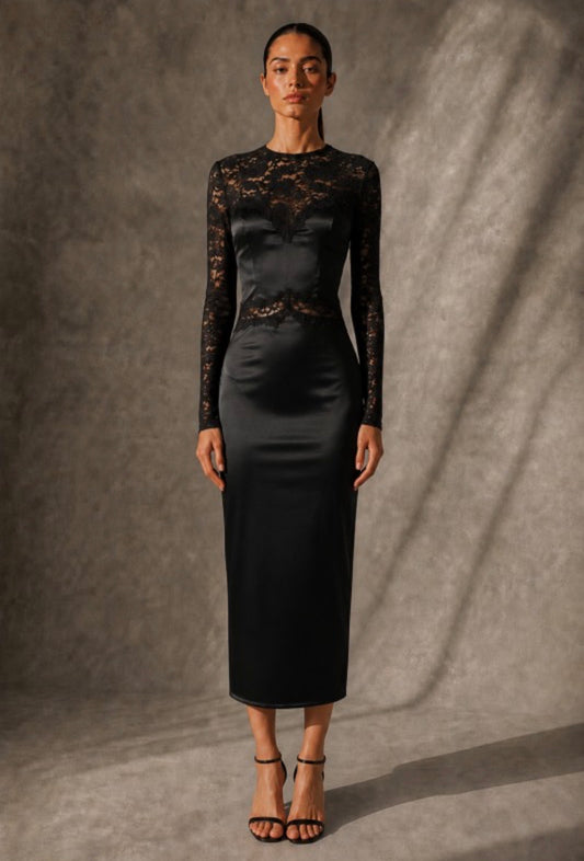 Guadalupe Black Color Lace Midi Dress