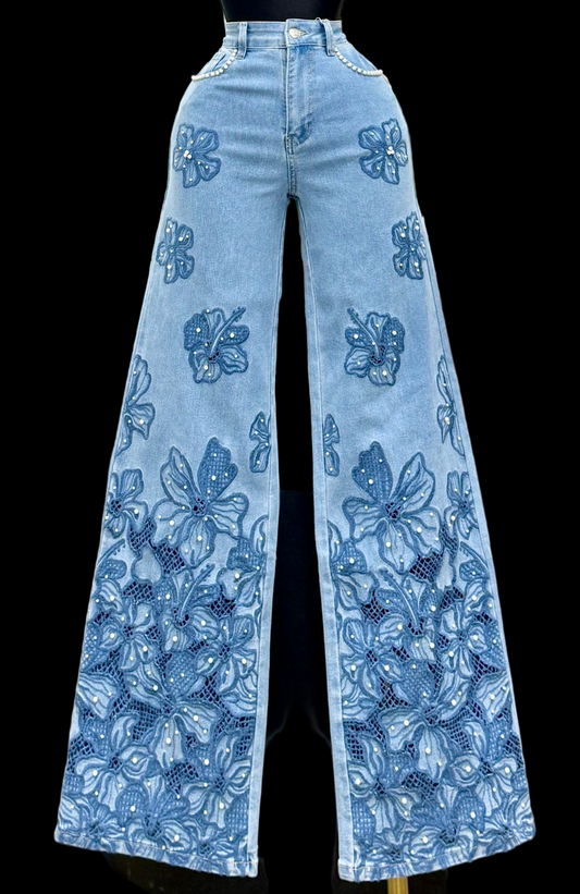 Floral Embroidery Denim Pant