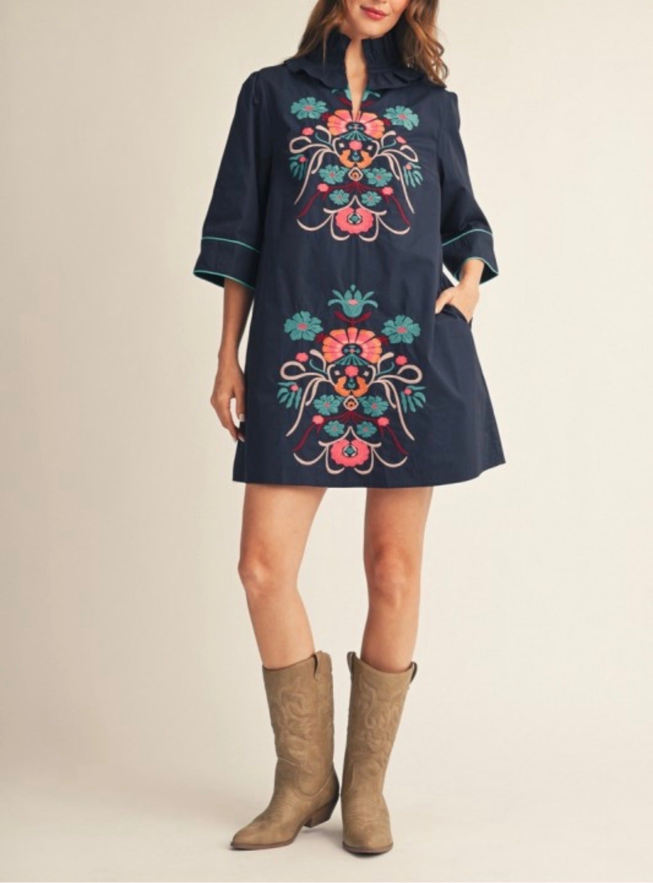 Tania Blue Embroidery Mini Dress