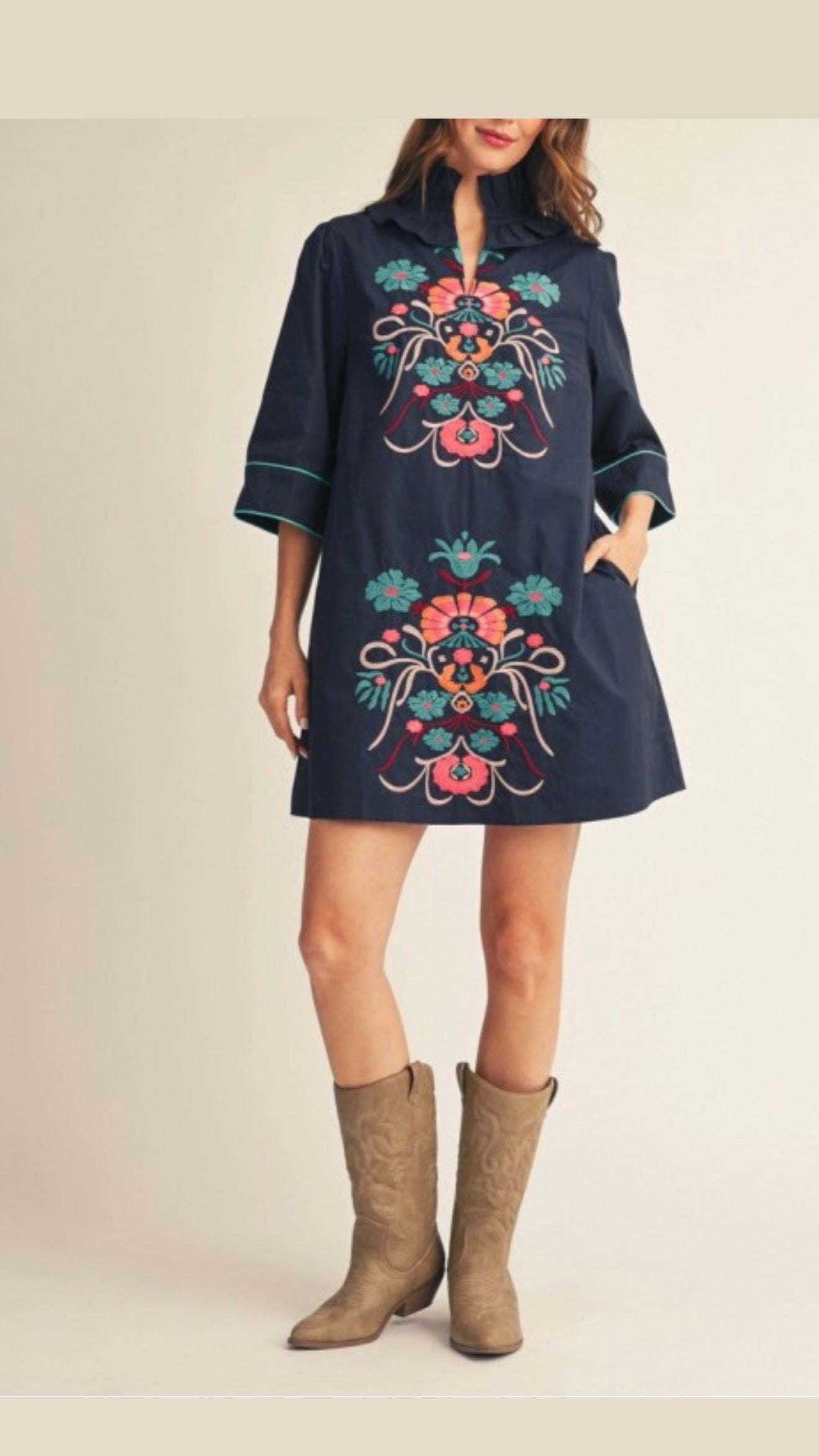 Tania Blue Embroidery Mini Dress