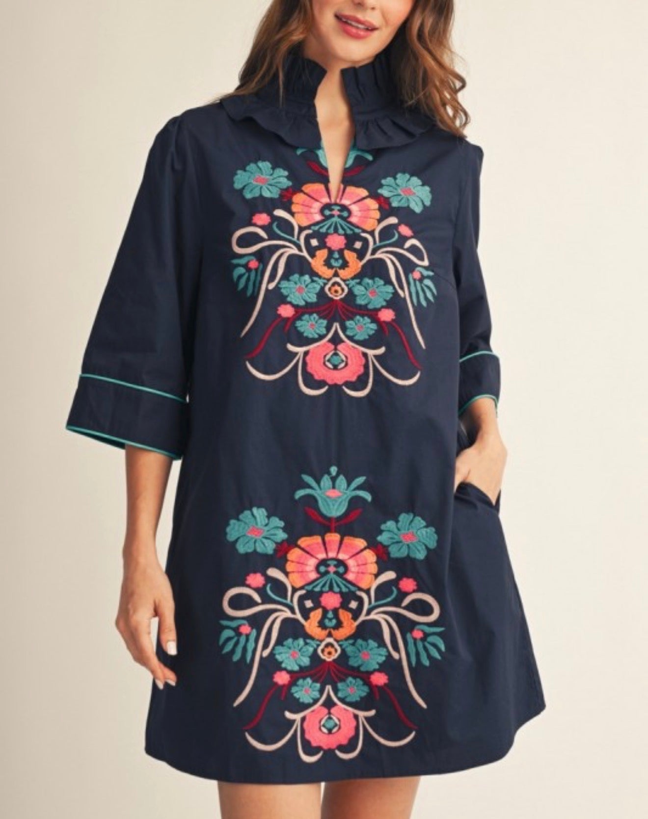 Tania Blue Embroidery Mini Dress