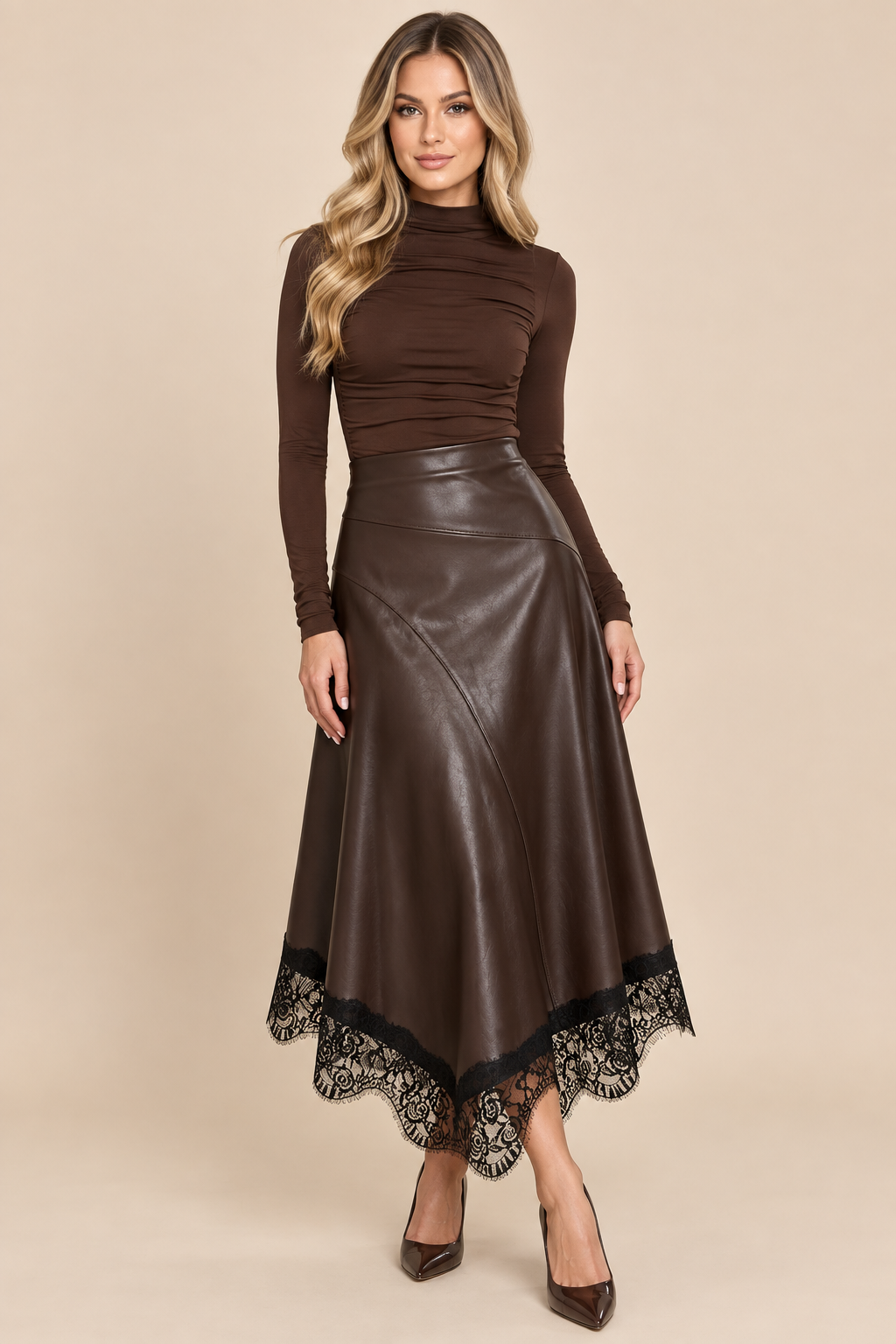 Gaviota Brown Faux Leather Midi Skirt